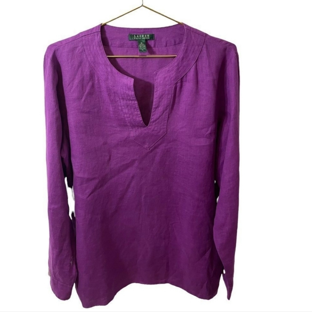 Lauren Ralph Lauren Purple Long Sleeve Linen Tunic Top